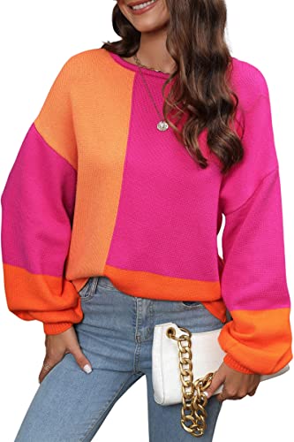 Image of ECOWISH Women Sweater Long Sleeve Color Block Knit Pullover Sweaters Crew Neck Patchwork Casual Loose Jumper Tops
