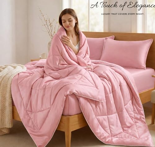 Image of SANMARINO Satin Silk Comforter Set for Double Bed - 300 TC Premium Satin Bedsheet with Pillow Covers, Luxury Complete Bedding Set, Soft Silky Finish, Bedroom Home Furnishing Gift Set - Rose Petal Pink