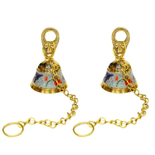 Image of DSH Pure Brass Pooja Room Hanging Bell with Chain Set of 2, for Temple Mandir Home Decorative Bell (Sky Blue)