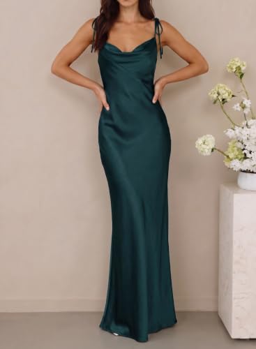 Image of 2026 Satin Cowl Neck Spaghetti Strap Maxi Dress for Women Bridesmaid | Silk,Tie Strap,Slip,Slit,Midi,Wedding Guest,Graduation,Elegant,Cocktail,Vacation,Party