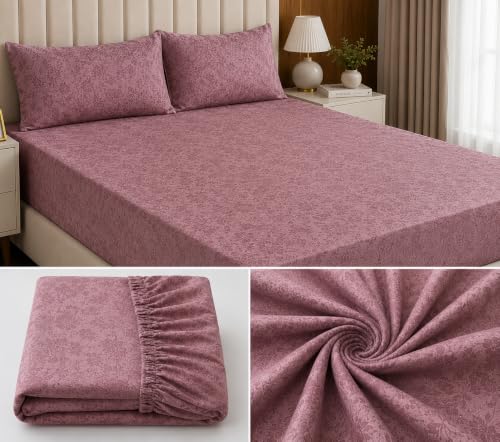 Image of Fitted Bedsheet Mauve 3D Floral Print Glace Cotton 210 TC | Queen Size for Double Bed Fits 5 x 6.5 ft Mattress (60 x 78 Inch) | All Around Elastic | 2 Pillow Covers | 10 Inch Deep Pocket