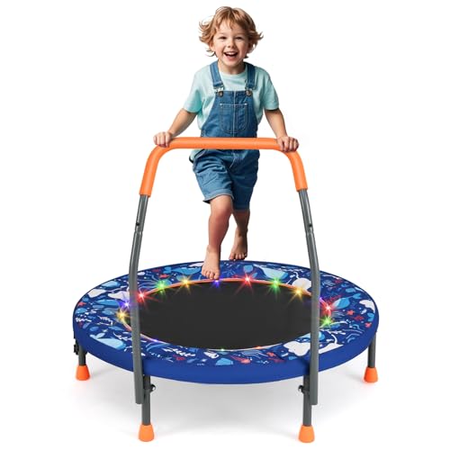 GYMAX 36" Mini Trampoline for Kids with LED Lights, Indoor Outdoor Folding Small Rebounder with Foam Handle and Padded Safety Cover, Foldable Toddler Fitness Trampoline for Children (Navy)