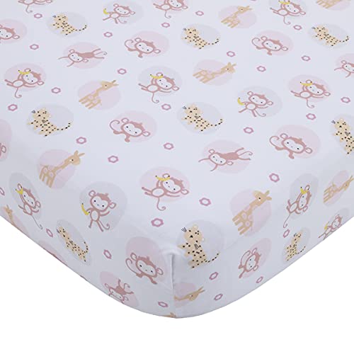 Image of NoJo Sweet Jungle Friends Pink, White & Tan, Monkey, Cheetah & Giraffe Super Soft Fitted Crib Sheet, Pink, White, Tan