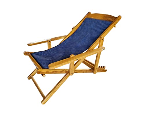 Image of 100% Teak Foldable Portable Five-Levels Adjustable Glossy Finish Polished Recliner Relaxing Easy Chair (Cotton Canvas) (Smooth - Foot And Knee Rest) | Relaxing Chair |