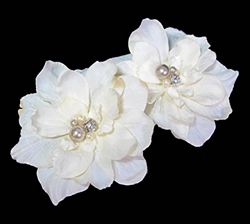 Pair of Ivory White Delphinium Flower Hair Clip with Crystals