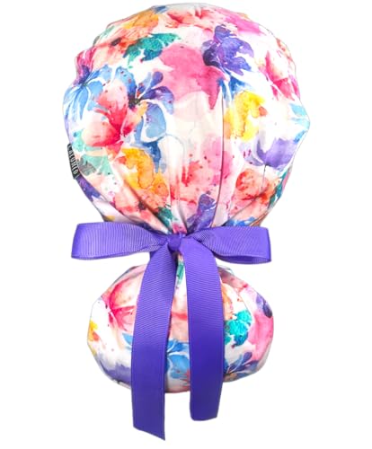 Image of Scrub Cap for Women and Men, Ponytail Scrub Caps, Working Hat, Head Cover with Ribbon Ties and Buttons, Long Hair