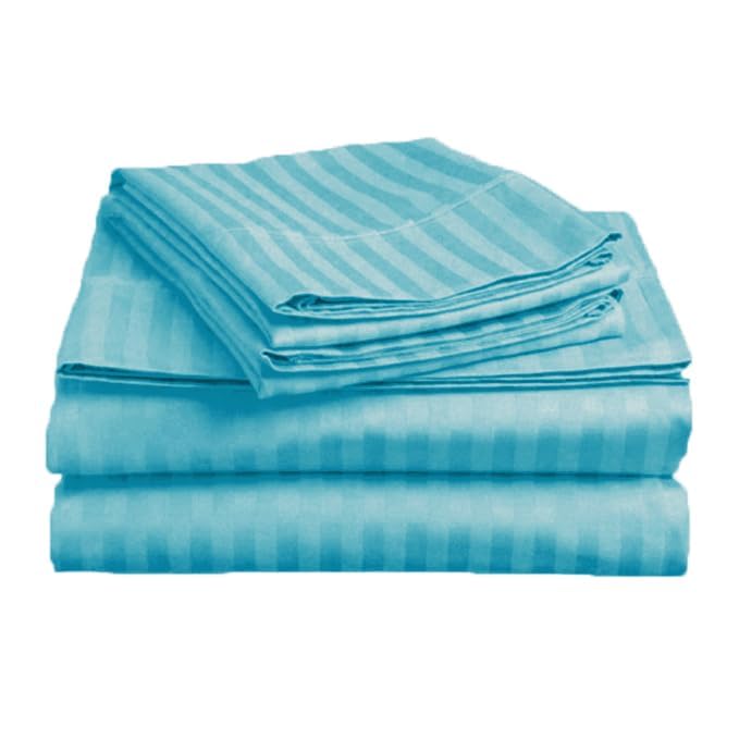 Image of DECOR2ADMIRE 300 TC Premium Glace Cotton All Round Elastic Fitted Plain Stripe Pastel Shades Queen Size Bedsheet with 2 Pillow Covers (Aqua Blue, Queen 90 inch x 100 inch)
