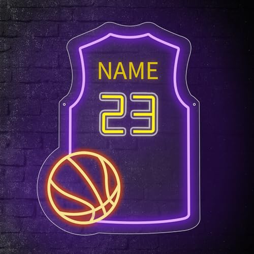 Image of Custom Basketball Jersey Neon Signs Basketball Neon Sign with Custom Name and Number Personalized Sports Neon Light for Bedroom Sports Light Up Sign for Wall Led Signs for Basketball Lover Gifts