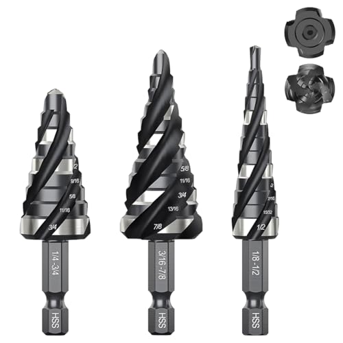 Image of Serplex 3Pcs HSS Spiral Flute Step Drill Bit Set 1 /8 inch-7 /8 inch, High-Speed Steel Cone Drill Bits with 1 /4 inch Hex Shank Multi-Size Drilling Tool for Metal, Wood, PVC & Sheet Metal, Deburring & DIY Projects