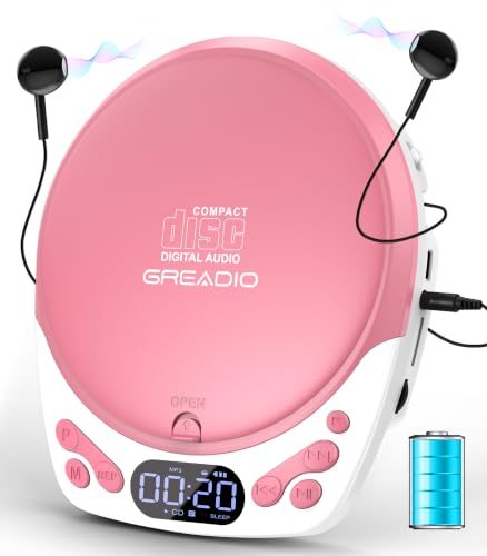 Greadio Rechargeable Pink CD Player for Car & Home, Portable CD Player