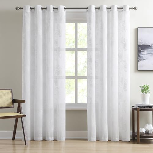 Image of Warm Home Designs 96 Inch Embroidered White Floral Curtains. FL White 96 | Sheer Printed Modern Farmhouse Flower Curtains. Embroidered, Textured Floral Drapes for French, Country or Floral Decor.