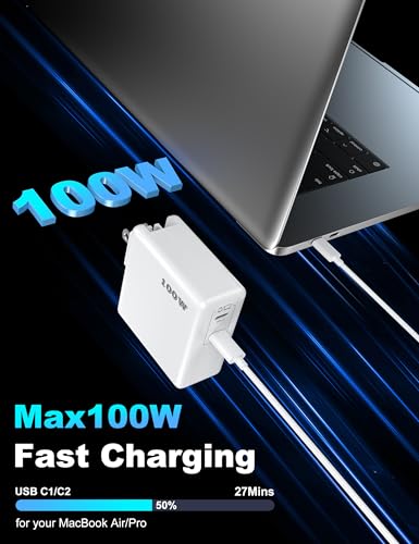Image of Mac Book Pro Charger, 100W USB C Fast Charger for MacBook Pro /MacBook Air 16 15 14 13 Inch, iPad Pro, iPhone 16 /15 Pro and All USBC Devices, GaN Foldable Power Adapter with 10 FT USB C Charge Cable