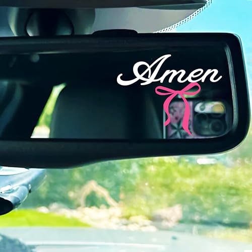 Image of Set 2Pcs Amen and Pink Bow Rearview Mirror Decal - Christian, Catholic Bible Decals, Inspiration Bow Cute, Car Accesories - Water Bottle Window Sticker - Vinyl Waterproof 2x1,5 Inches Stickers