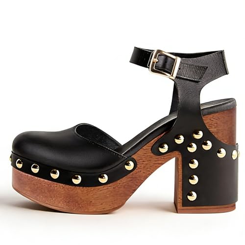 Elbslutt Women's Platform Clogs Heels with Ankle Strap High Block Heel Closed Toe Studded Clogs Sandals Mary Jane Clogs Faux Wood EVA Wedges Heels for Women Comfy Work Shoes,Black,US9