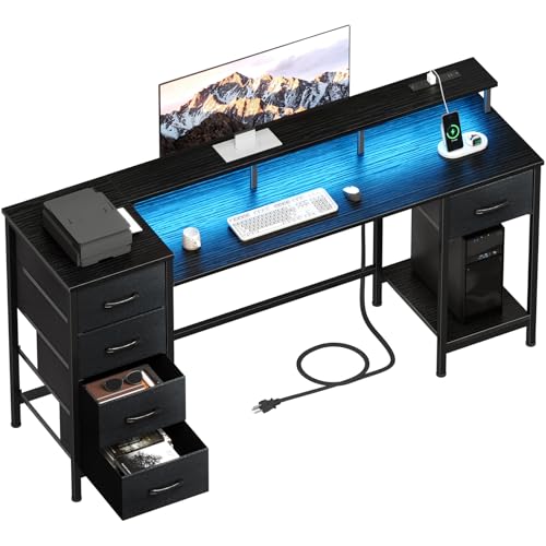 Korfile 55 Inch Computer Gaming Desk with Power Outlets LED Lights, Reversible Home Office Desk with Adjustable Fabric Drawers for Working Writing Study, Black Oak