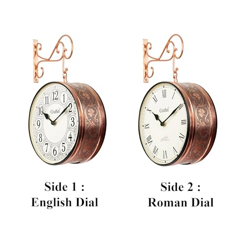 Image of CRAFTEL Double Sided Station Wall Clock | English & Roman Numerals with Aluminum Dial | Gift for Home Hall Living Room | Dial 10 Inch, Rose Gold