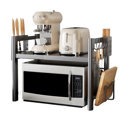 NYHGOXM 伸縮式 レンジ上ラック 幅調節可能 耐荷重50kg 収納 キッチン 電子レンジ台 組み立て簡単 スリム設計 キッチン棚 冷蔵庫上トースター (グレー,単層伸縮式まな板ラック+箸置き+包丁置き)