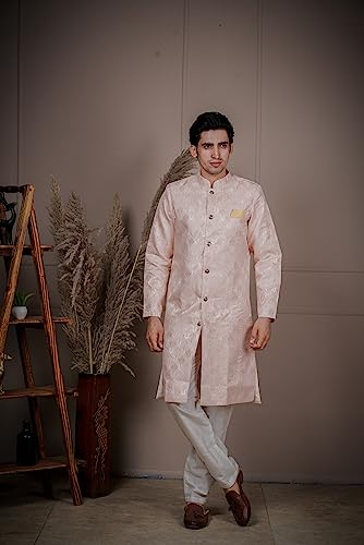 Image of Amzira Men's Soft Cotton Indo Western Kurta Pyjama Set with Mandarin Collared Neck Long Sleeves Button Closure and Solid Pant
