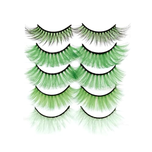 Colored False Lashes 3D Faux Mink Fake Eyelashes Fluffy Halloween Party Makeup Tools 17-20mm 5 Pairs Colorful Green Lashes Pack (Green)