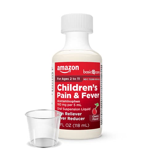 Image of Amazon Basic Care Children's Pain Reliever & Fever Reducer, Acetaminophen 160 mg per 5 mL Oral Suspension Liquid, Dye-Free Cherry Flavor, for Headache & Sore Throat, 4 fl oz, (Pack of 2)