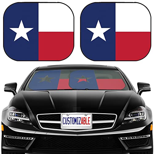 MaiZi Car Windshield Sun Shade Texas Flag US Flag Car Sunshade Image, 2 Piece Foldable Universal Fits Car, Sedan, SUV, Truck, Block Sun Glare, UV and Heat, Protect Car Interior