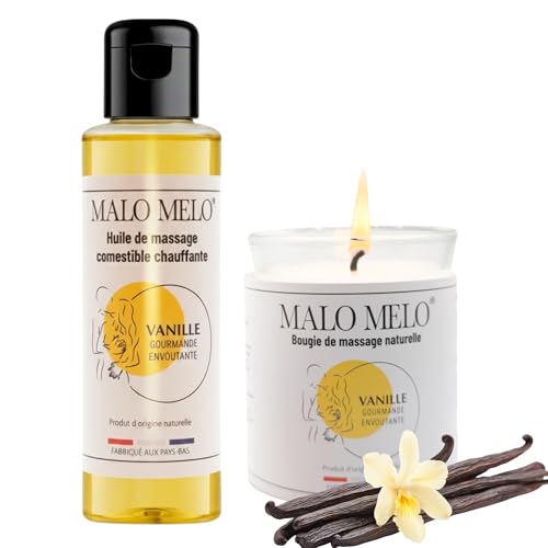 Duo massage sensuel I Huile de massage comestible érotique sexuelle lubrifiante & Bougie de massage sensuelle gourmande I Vanille I MALOMELO