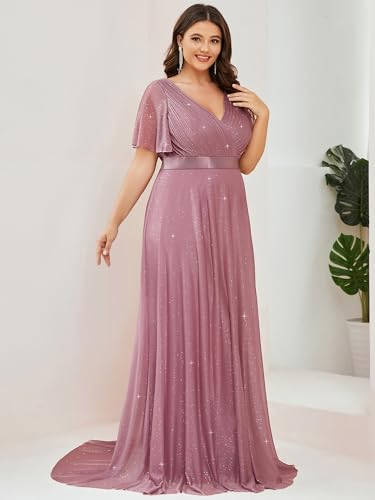 Image of Ever-Pretty Plus Women's Glitter Formal Dress Evening Gown for Gala V-Neck Short Sleeve Floor Length Plus Size Prom Dresses