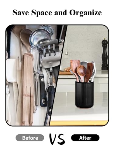 Image of LoeJan Utensil Holder, Extra Large Utensil Crock, Stable Ceramic Utensil Organizer, Cooking Tool Organizer Set for Kitchen Counter Farmhouse Decor (F-6.7 inch Black)