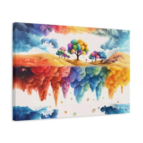 Peinture 80 x 110 cm île flottante arc-en-ciel grand format avec cadre premium