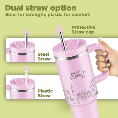 Image of MILTON Malmo 1200 Thermosteel Double Wall Vacuum Insulated Stainless Steel Tumbler with Handle 1100ml, Travel Mug with Straw,Silicon Cap,Cleaning Brush,Hot & Cold Beverage Flask,Delhi Pink