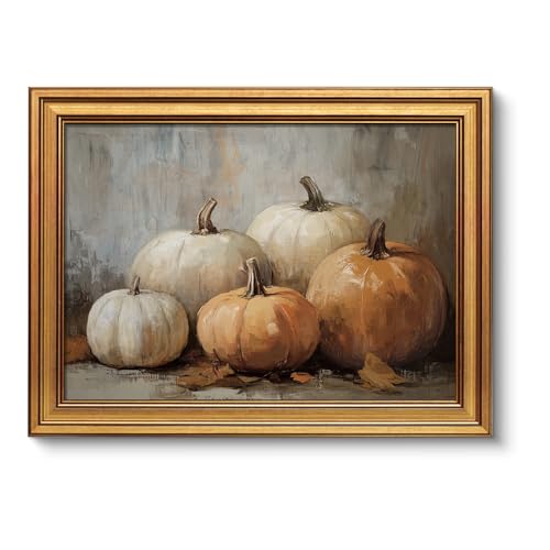 Image of VIYYIEA Vintage Gold Framed Wall Art for Living Room, Pumpkins Canvas Prints Home Decor, Oil Painting Picture, Bedroom Wall Decor Gifts for Friends or Family -【Five Pumpkins 】-(16L x 12W)