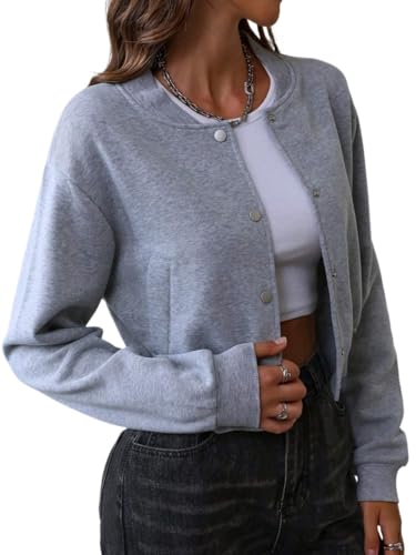 Chic Gray Womens Fall Winter Jacket - Stylish Single-Breasted Baseball Coat for Every Occasion (Large)