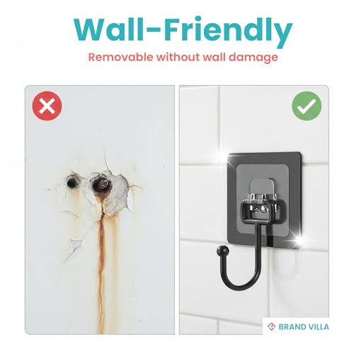 Image of BRAND VILLA Black Adhesive Wall Hooks Pack of 10 - Heavy Duty No Drill Sticky Hooks for Bathroom, Kitchen & Door - Waterproof Stainless Steel Towel & Coat Holder - Strong Self Adhesive Hooks