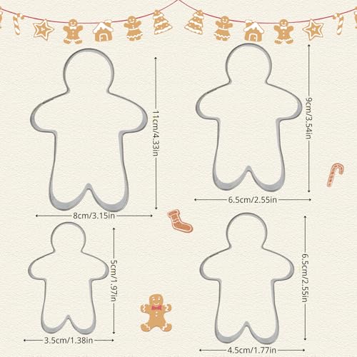 PTaizjjz Gingerbread Cookie Cutter Set,4 Pieces Stainless Steel Assorted Sizes Gingerbread Man Cookie Cutters Fondant Biscuit Mold for DIY Chirstmas Day Holiday Party Decorations - Image 2