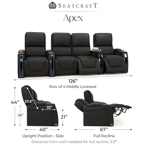 Image of Seatcraft Apex Black Italian Leather Home Theater Seating, Zero Gravity Power Recliner Chair, Powered Headrest and Lumbar Gaming and Lounge Sofa Furniture for Cinema Room, Row of 4 Middle Loveseats