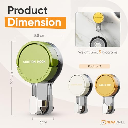 Image of Vacuum Suction Hooks with Adhesive Base, Lever Lock Wall Hooks, No Drill Stainless Steel Hook for Bathroom & Kitchen, Strong Hold for Tiles, Glass & Mirrors, Pack of 3 (PJ-1789)