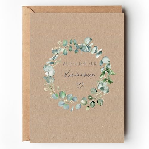 Paperlane by Essi Kommunion Karte Eukalyptus Kraftpapier Glückwunschkarte zur Erstkommunion Mädchen Junge Geld Geschenk Kommunion Grußkarte mit Umschlag A6 Boho Design (1)
