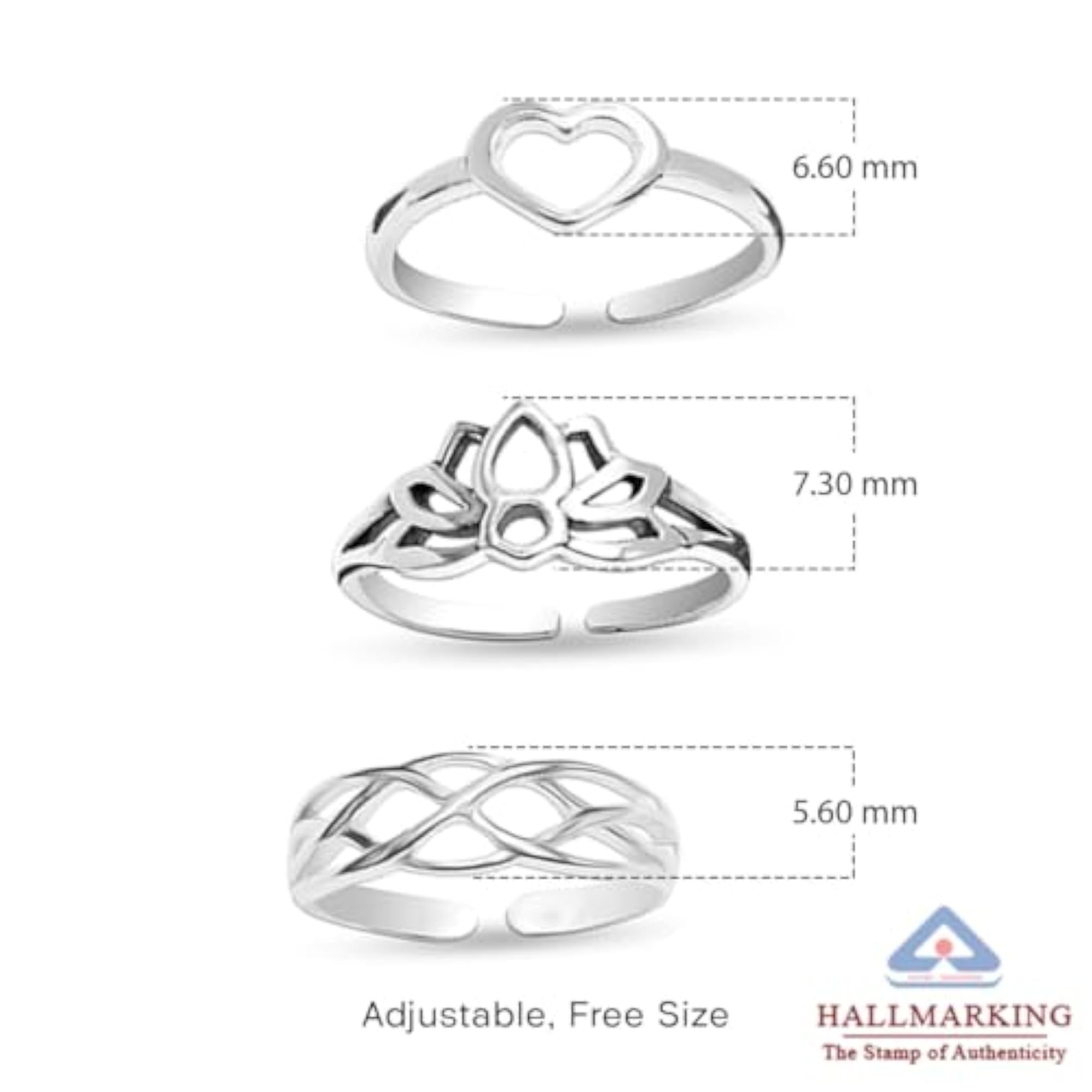 Women's 925 Sterling Silver Hallmarked Adjustable Toe Ring Set of 3