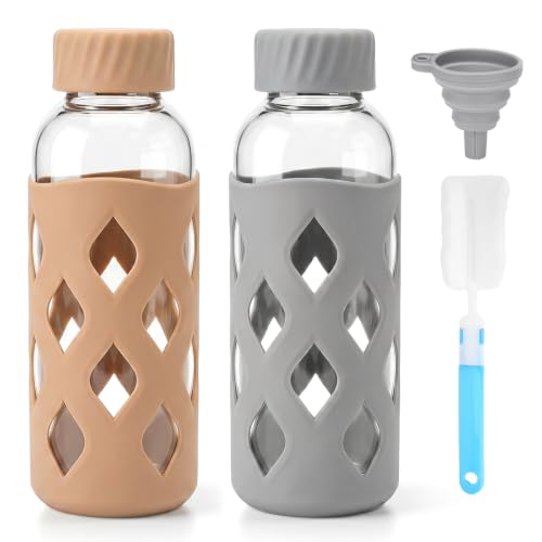 Image of Zukro 16 oz Glass Water Bottles with Lid & Silicone Sleeve, 2 Pack | Reusable Clear Juice Bottles, Stainless Steel Airtight Lid, 100% Leak Proof, For Juicing & Smoothie, BPA Free
