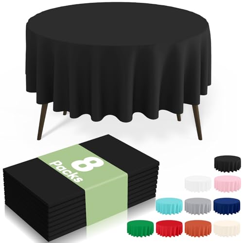 Image of misaya 8 Packs Disposable Plastic Table Cloth, 84 inch Round Waterproof Tablecloth, Leakproof & Sturdy Decorative Table Covers for Picnic, Party, Outdoor and Back to School, Black