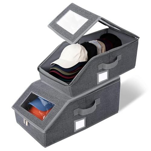ZHABAYEN 2PCS Stackable Hat Storage for Baseball Caps, Clear Hat Organizer with Cardboard, Holds up to 30 Caps, Breathable Fabric, Space-Saving Box for Closet