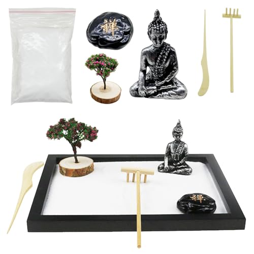 Woohome Mini kit de jardim de areia Zen, mini kit de jardim zen, kit de decoração zen com areia bran