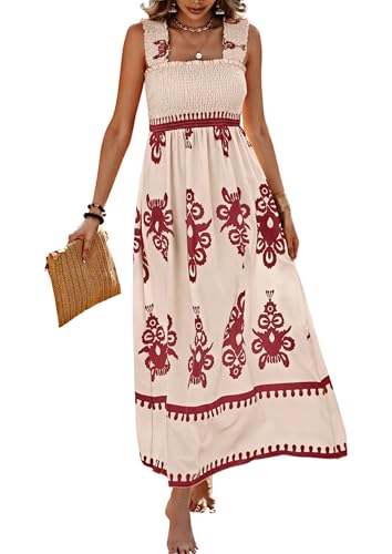 PRETTYGARDEN Womens Summer Boho Maxi Dress 2026 Casual Sleeveless Square Neck Floral Aline Smocked Beach Dresses with Pockets (Floral Apricot Wine Red,X-Large)
