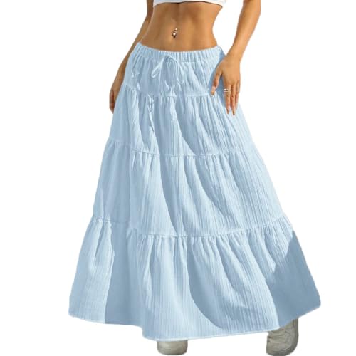Women Flowy Flared Ruffle Long Skirt Casual Loose Fit Tie High Waist Solid Layered A-line Swing Boho Maxi Skirt