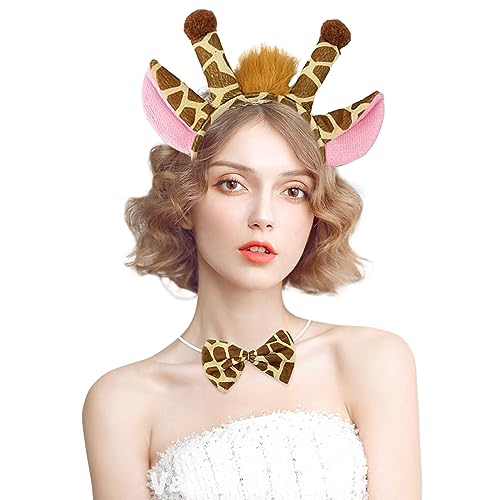 SKHAOVS 3 Stück Giraffe Kostüm Set, Tier-Stirnband Mit Ohr-Schwanz-Fliege, Tier Kostüm, Tierstirnband Für Kinder, Giraffen Kostüm Kinder, für Fasching Karneval Halloween Party