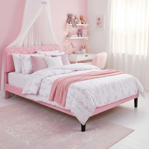 Image of APRODZ Queen Size Bed | Upholstered Platform Bed Frame with Velvet Tufted Headboard & Wooden Slat Support | Bed Queen Size Without Storage | No Box Spring Required | Black Wooden Legs Pink Fabric