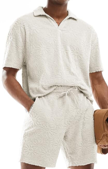 Image of ZAFUL Men's 2 Pieces Sets Outfits Summer Beach Set Short Sleeve Button Down Zip Up Shirt And Short Sets