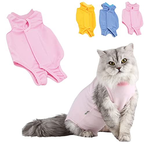 Komate Katzenbody Nach Op Kastration Erholungsanzug Body Katze Welpen Weste Erholung Kleidung Shirt für Bauchwunden oder Hautkrankheiten E-Halsband Alternative für Katzen Kleine Hunde (L, Rosa) Cover