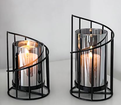 2 x Windlicht Kerzenständer Schwarz Deko Modern, Kerzenhalter Metall Windlicht Outdoor Tischdeko Mit Metall Boden Badezimmer Garten Windlichter Draußen Drinnen für Kerzen Stumpenkerzen Teelicht