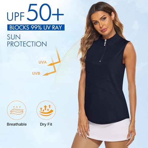 Image of Koscacy Women's Sleeveless Golf Tennis Polo Shirts Zip Up Dry Fit Workout Tank Tops Athletic Shirt